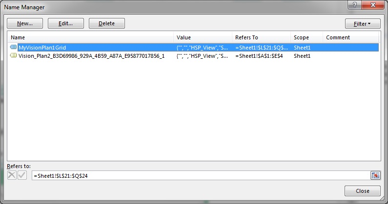 The Excel Name Manager, showing the newly renamed range called MyVisionPlanGrid. The Excel Name Manager, showing the newly renamed range called MyVisionPlanGrid.