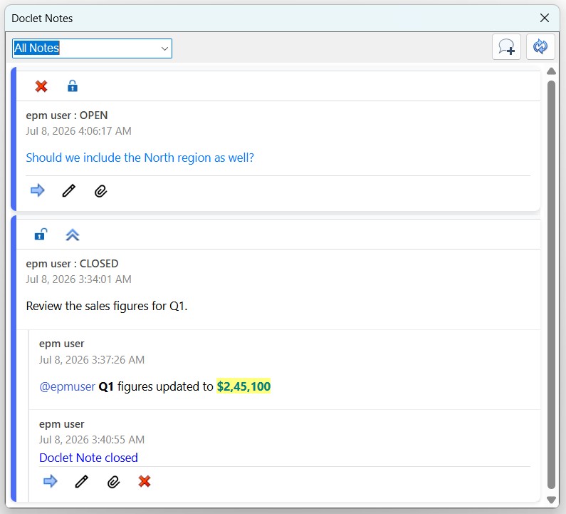 The Doclet Notes dialog box displaying a list of doclet notes and replies.
