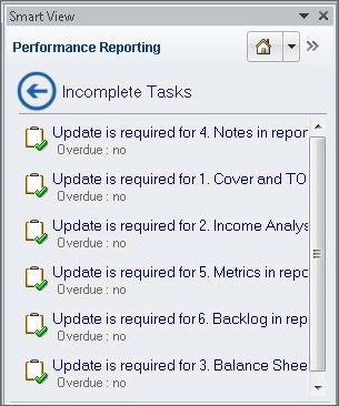 Narrative Reporting Home panel, displaying list of incomplete tasks. Narrative Reporting Home panel, displaying list of incomplete tasks.