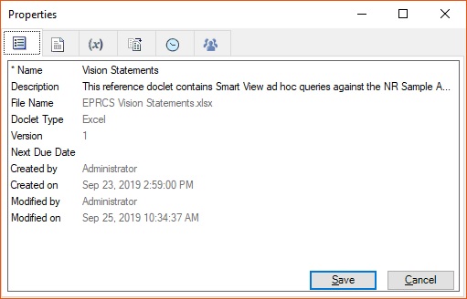 Properties tab in the Properties dialog box for a selected reference doclet.