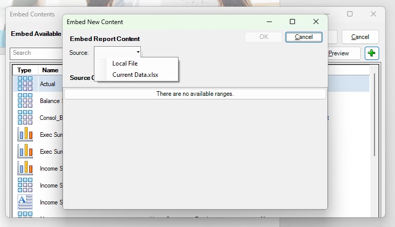 The Embed New Content dialog box, showing the drop-down menu in the Source field, where you select Local File the first time you add a reference file to a doclet or select a reference file that is already in the list The Embed New Content dialog box, showing the drop-down menu in the Source field, where you select Local File the first time you add a reference file to a doclet or select a reference file that is already in the list