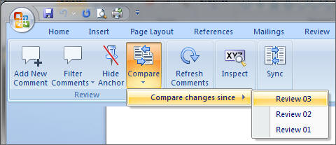 On the Performance Reporting ribbon, the small down arrow on the Compare button is selected, which displays a single drop-down menu item, Compare changes since, which contains a right arrow. Click the right arrow and another drop-down menu is displayed, containing all the earlier review instance versions that are available to you, depending on which review instances you have been assigned to. On the Performance Reporting ribbon, the small down arrow on the Compare button is selected, which displays a single drop-down menu item, Compare changes since, which contains a right arrow. Click the right arrow and another drop-down menu is displayed, containing all the earlier review instance versions that are available to you, depending on which review instances you have been assigned to.