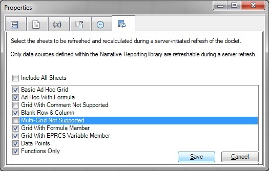 The Properties dialog, Opt In tab, showing several sheets selected for refresh, but not all sheets. The Properties dialog, Opt In tab, showing several sheets selected for refresh, but not all sheets.