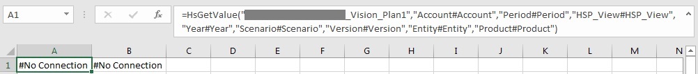 Grid contains only Smart View functions. Cell A1 is selected and the formula bar shows the formula for an HsGetValue function. Grid contains only Smart View functions. Cell A1 is selected and the formula bar shows the formula for an HsGetValue function.