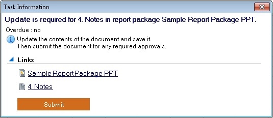 Task Information dialog box, with a link to the applicable report package and a link directly to the applicable doclet. Task Information dialog box, with a link to the applicable report package and a link directly to the applicable doclet.