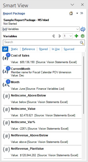 List of variables available in a report package. Shows the variable name and variable type: (x) for static variables, (#) for reference variables, and (x) with a link symbol for shared variables. A blue circle containing a number shows the number of times the variable is used in the report package. Value shows either the value defined for static variables, or the value of the reference variable and its source.