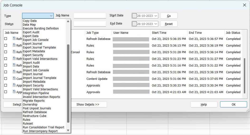 The Job Console, showing all available job types in the Type drop-down menu. The Job Console, showing all available job types in the Type drop-down menu.