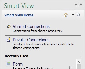 The initial Smart View Panel showing Private Connections selected The initial Smart View Panel showing Private Connections selected