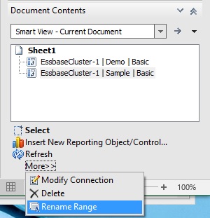 Document Contents pane showing the EssbaseCluster-1 Sample Basic grid selected, and the menu expanded to show the Rename Range command selected. Document Contents pane showing the EssbaseCluster-1 Sample Basic grid selected, and the menu expanded to show the Rename Range command selected.