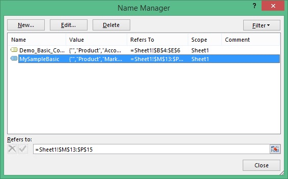 The Excel Name Manager, showing the newly renamed range called MySampleBasic. The Excel Name Manager, showing the newly renamed range called MySampleBasic.