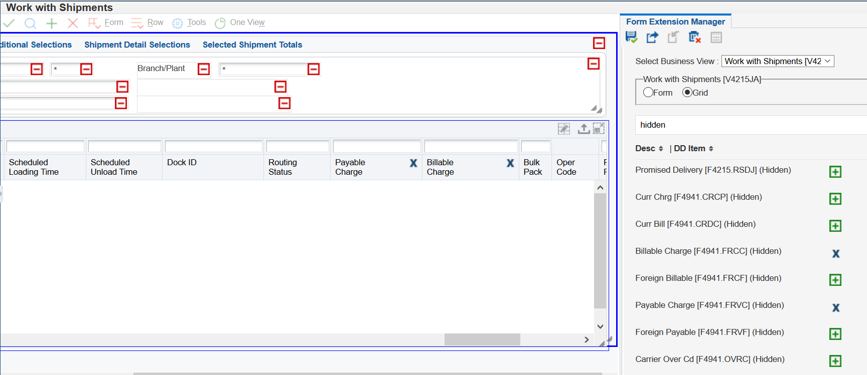 Work with Shipments Form - Unhidden Business View Columns in Grid