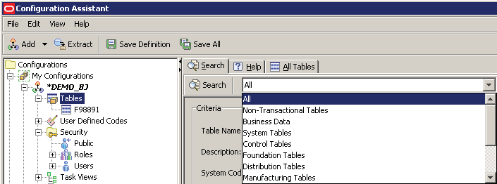 Configuration Assistant - Tables node.