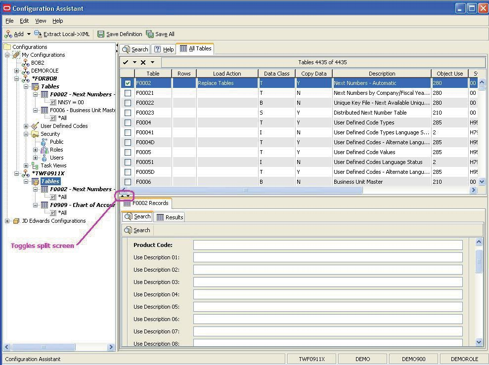 Configuration Assistant - Tables node.