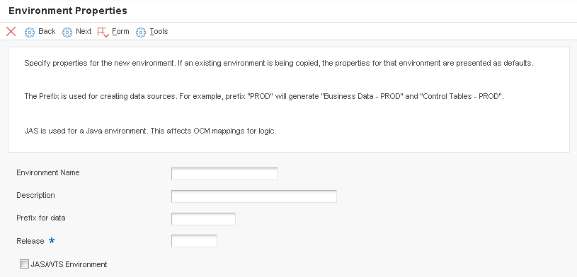 Environment Properties form.