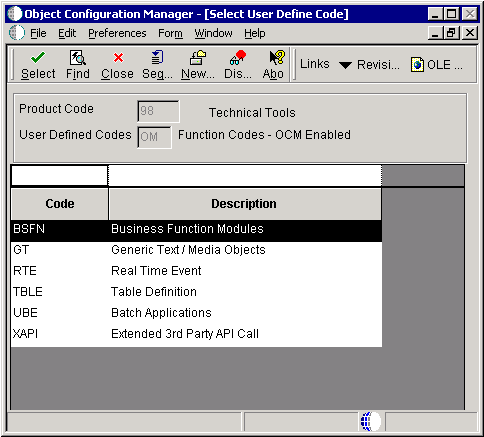 Select User Defined Code form.