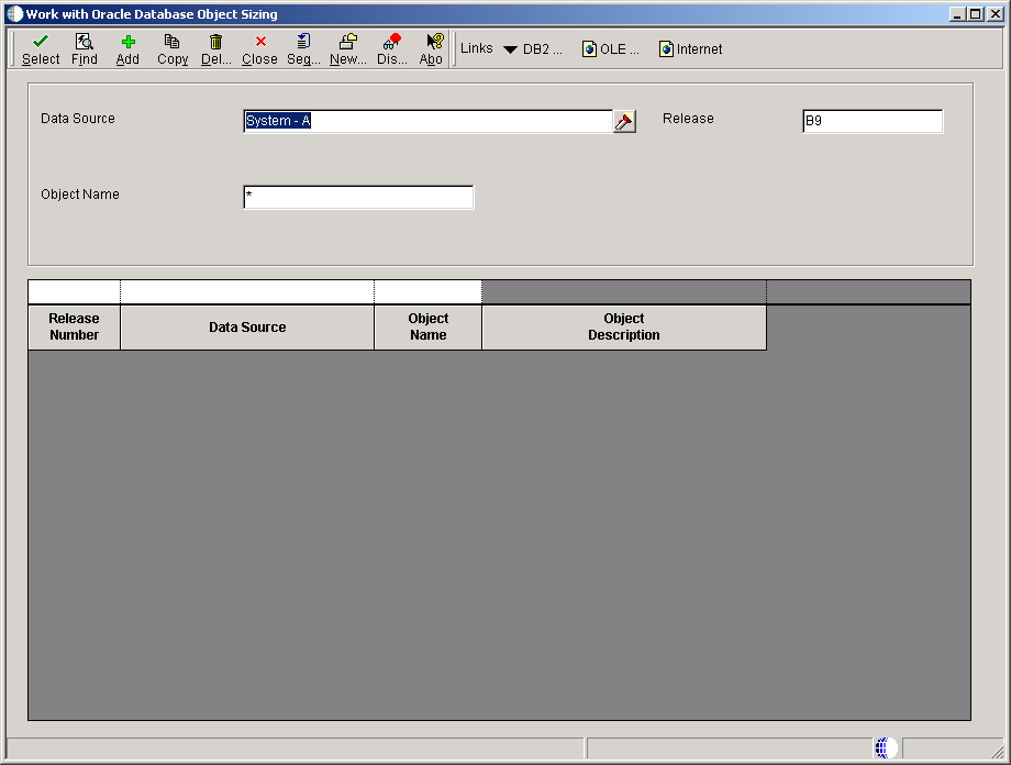 Work With Oracle Database Object Sizing form.