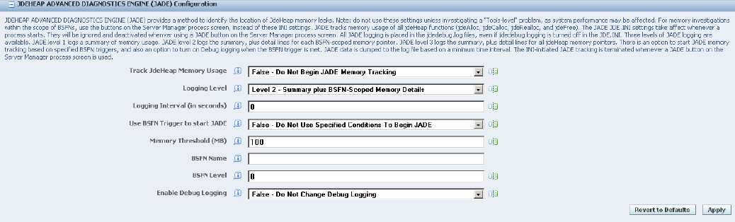 JDEHEAP ADVANCED DIAGNOSTICS ENGINE (JADE) Configuration section.