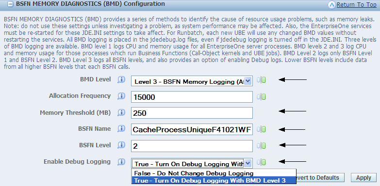 BMD Configuration section – Level3, Enable Debug Logging = True (debug on).