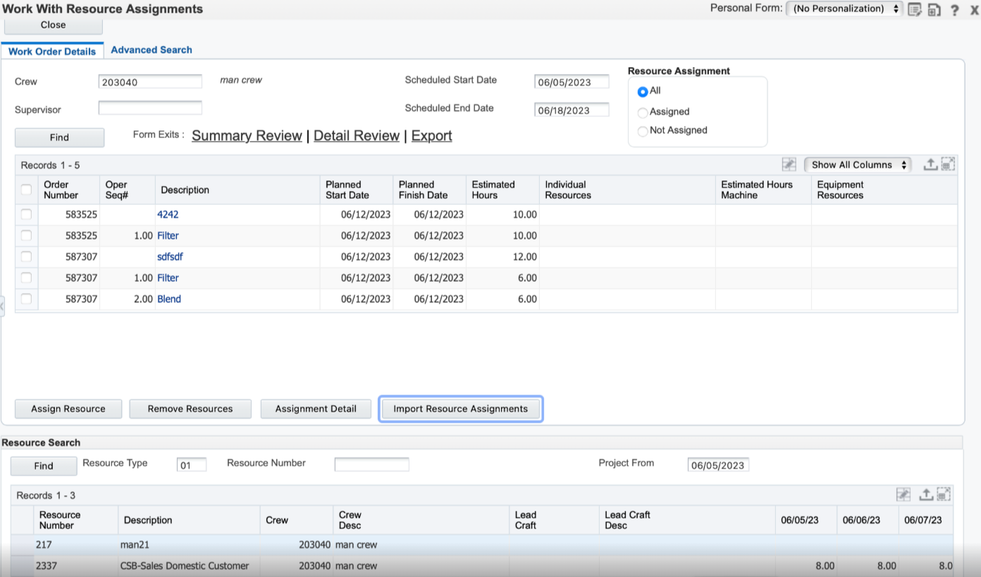 Work With Resource Assignments form