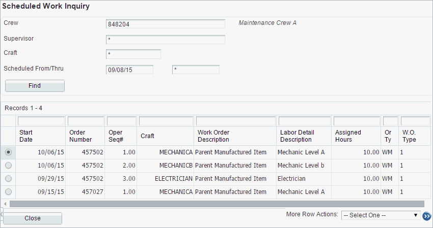 Scheduled Work Inquiry form