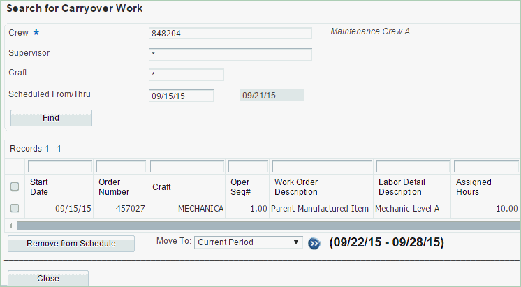 Search for Carryover Work form