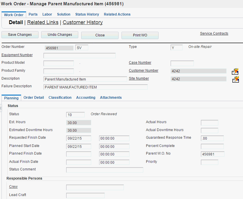 Work Order - Manage {Work Order Name} form: Planning tab