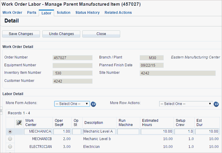 Work Order Labor - Manage {Work Order Name} form