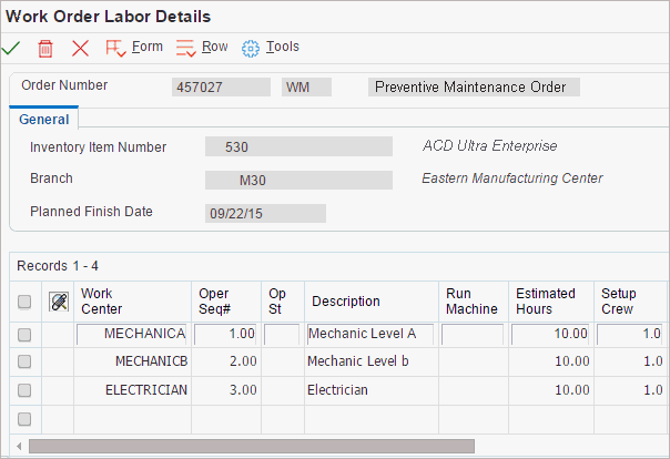 Work Order Labor Details form