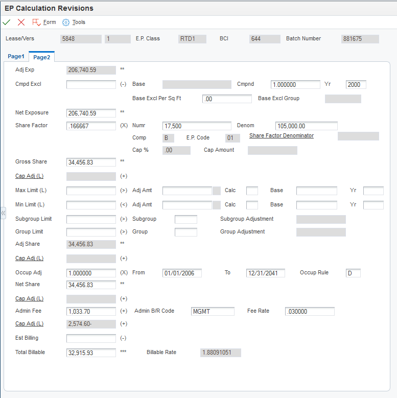 EP Calculation Revisions form - Page 2 tab