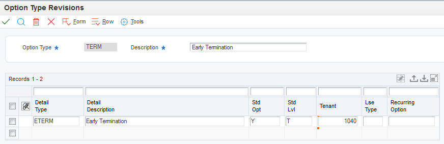 Option Type Revisions form