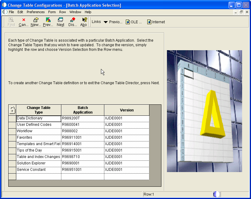 Change Table Configurations [Batch Application Selection] form.