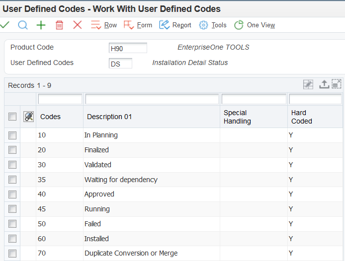 Work With User Defined Codes form