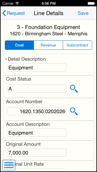 Change Request Approval Line Details: Cost Tab