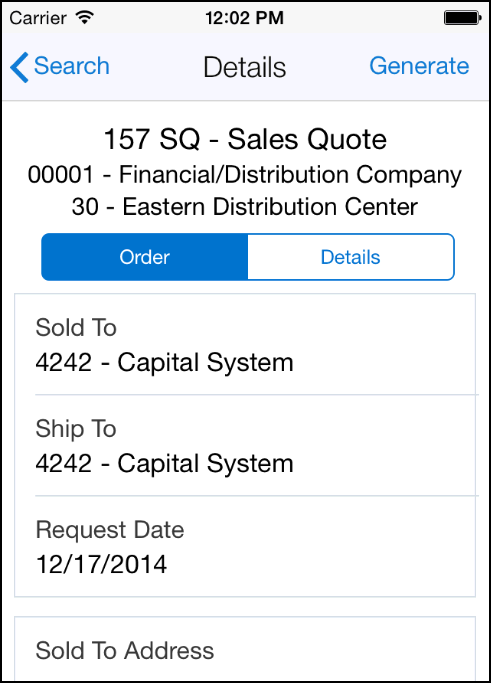 Quote Order - Order Tab: Smartphone