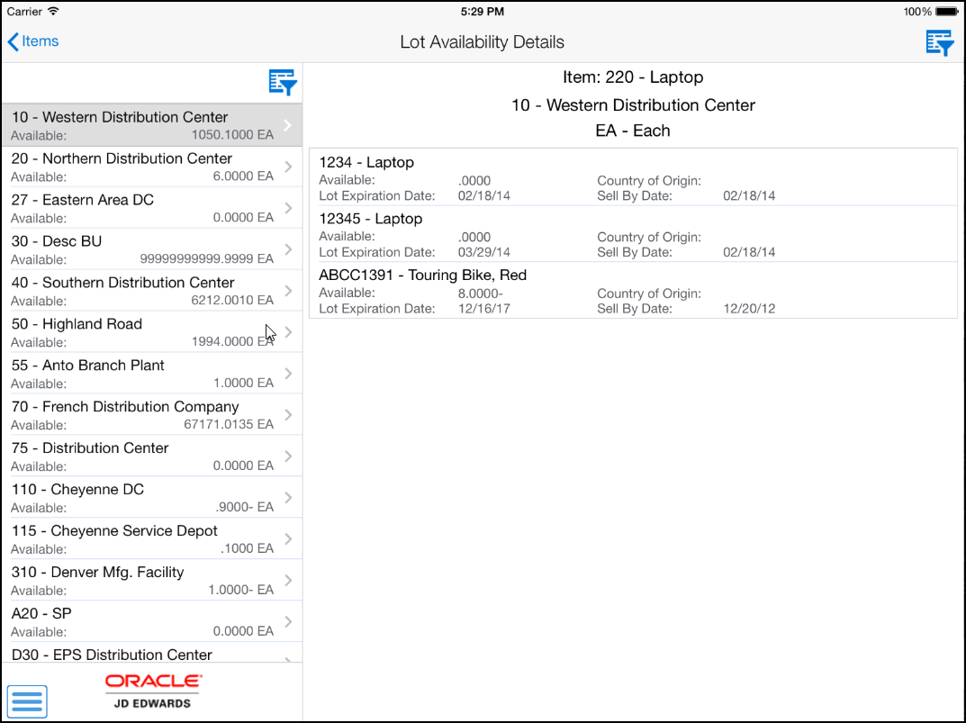 Lot Availability Details Screen: Tablet