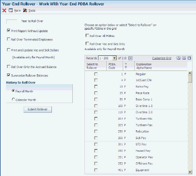 Work With Year-End PDBA Rollover form