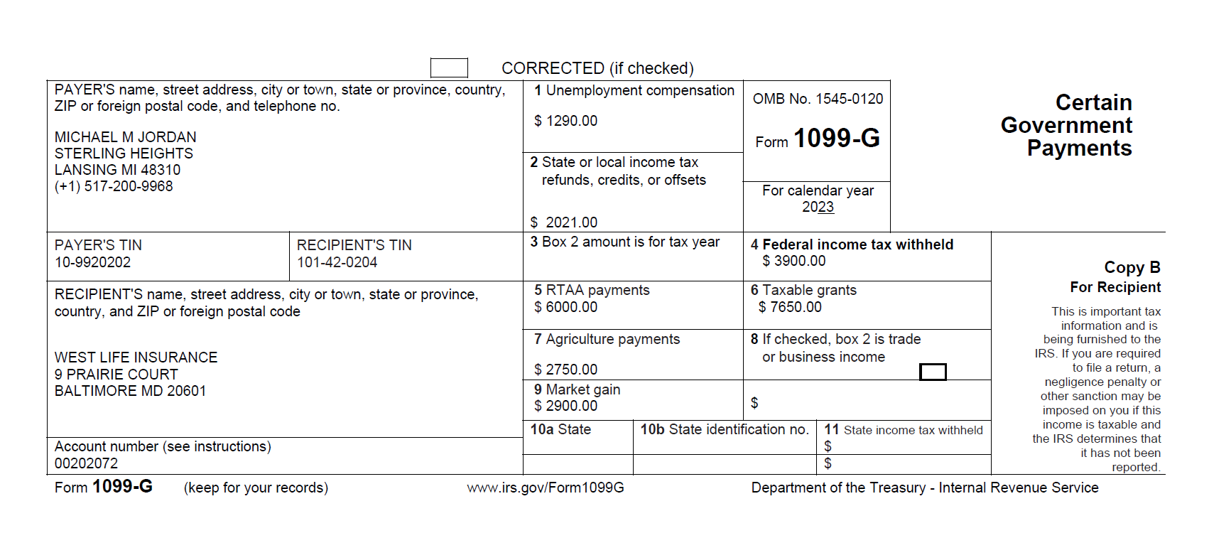 Example of the 1099-G form for 2023- BIP Version.