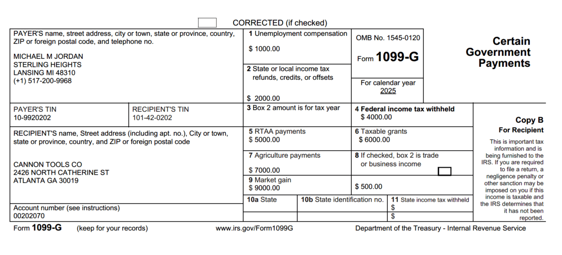Example of the 1099-G form for 2025- BIP Version.