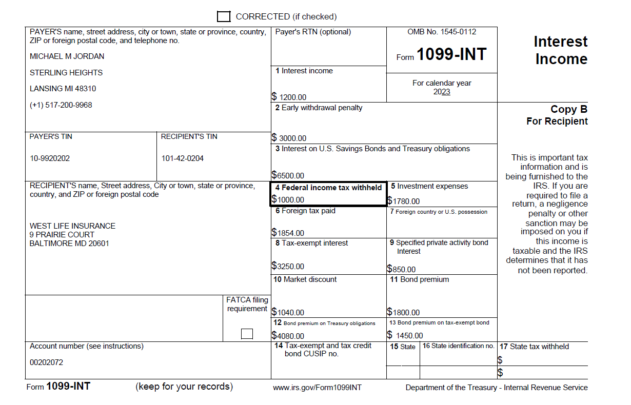 Example of the 1099-INT form for 2023- BIP Version.
