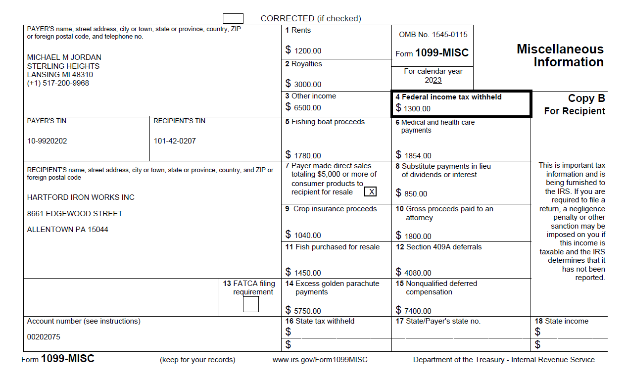 Example of the 1099-MISC form for 2023- BIP Version.