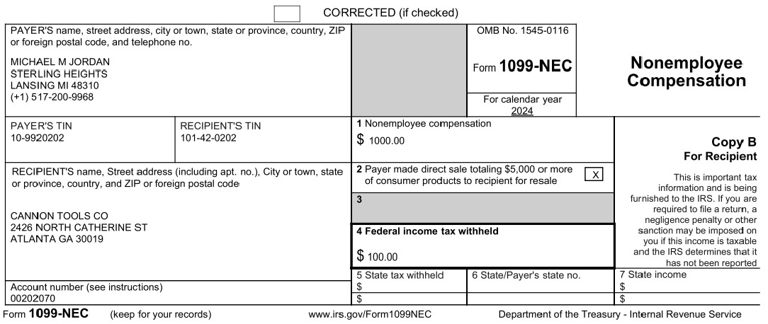 Example of the 1099-NEC form for 2024.