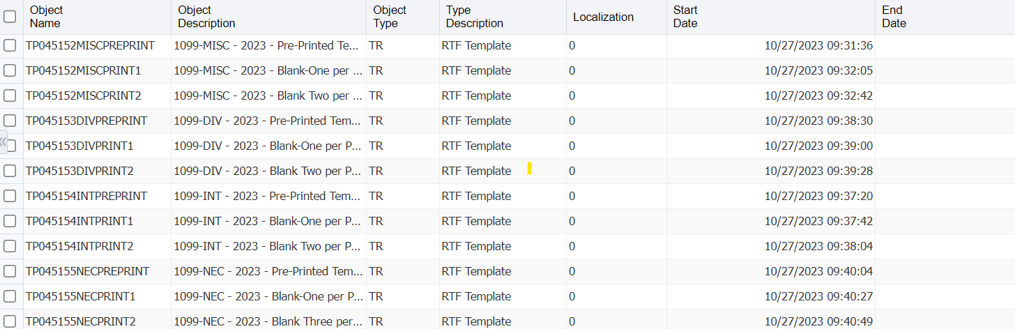 BI Publisher Object Repository: List of 1099 Templates.