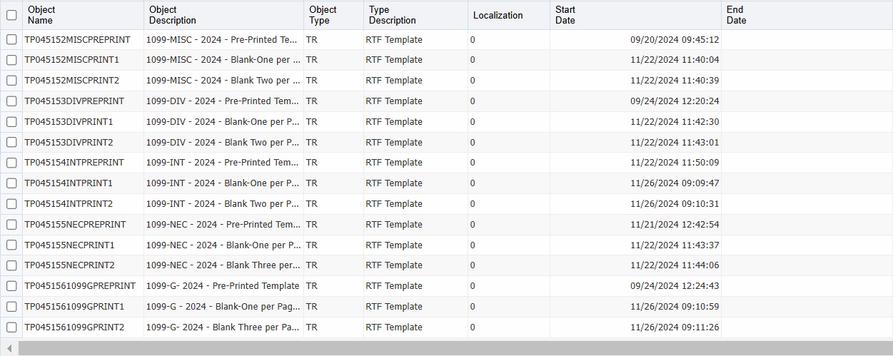 BI Publisher Object Repository: List of 1099 Templates.