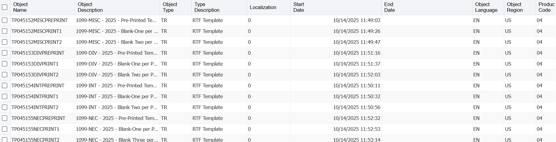 BI Publisher Object Repository: List of 1099 Templates.