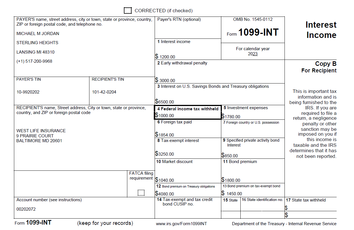 Example of the 1099-INT form for 2023.