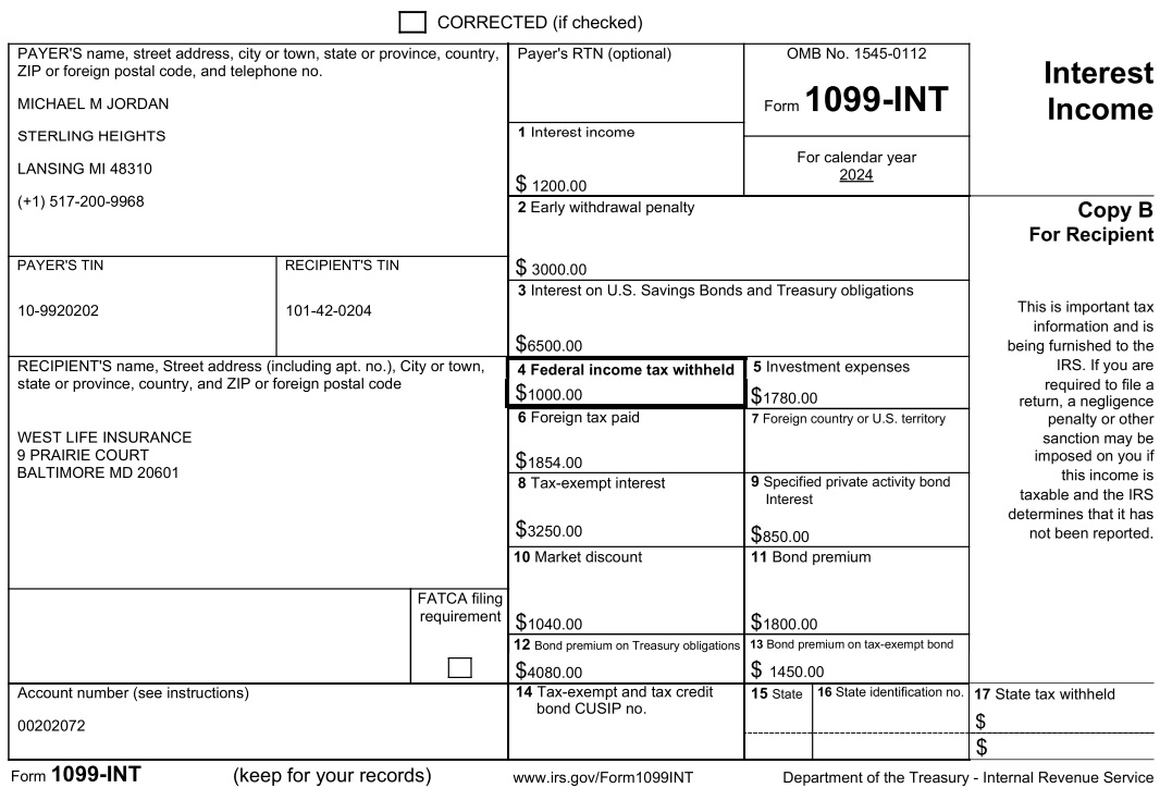 Example of the 1099-INT form for 2024.