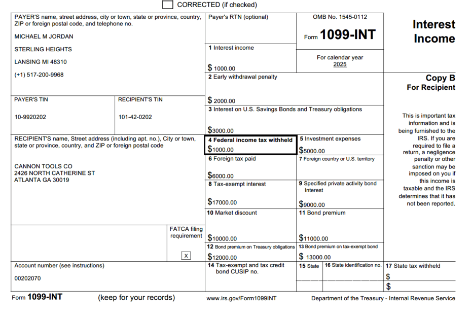 Example of the 1099-INT form for 2025- BIP Version.