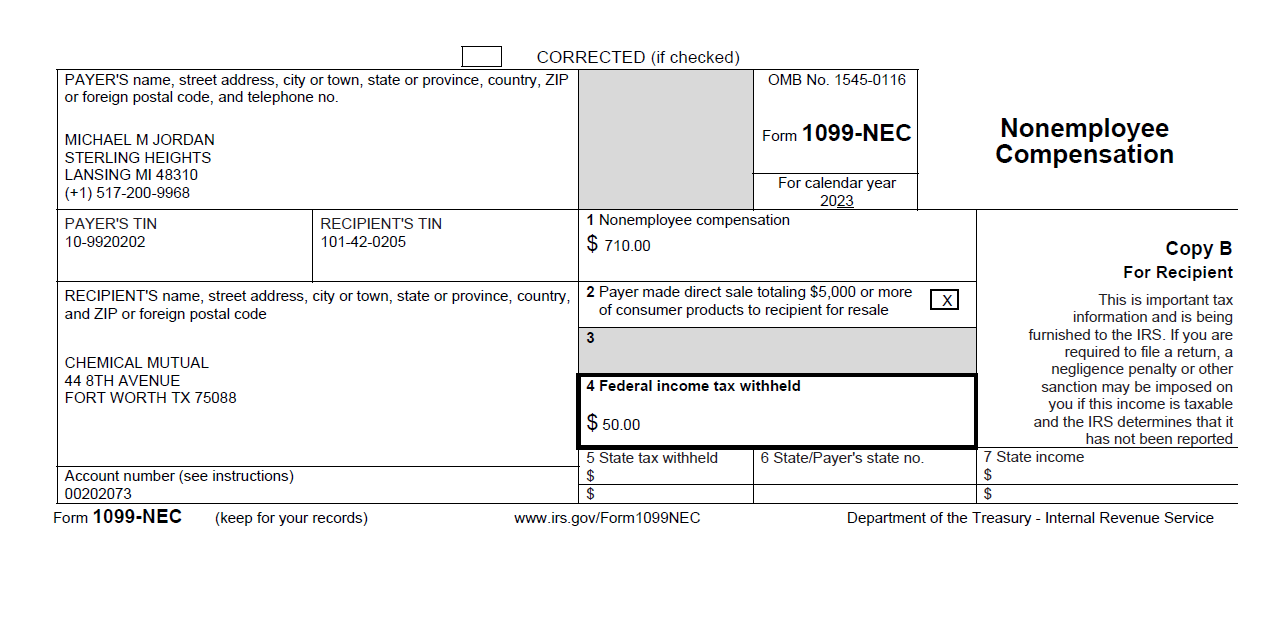 Example of the 1099-NEC form for 2023.