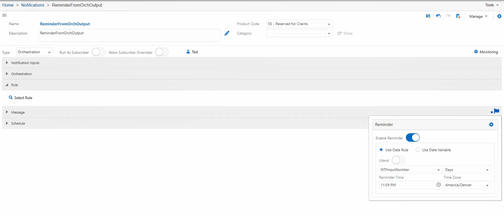 Setting notification reminders in orchestration studio.