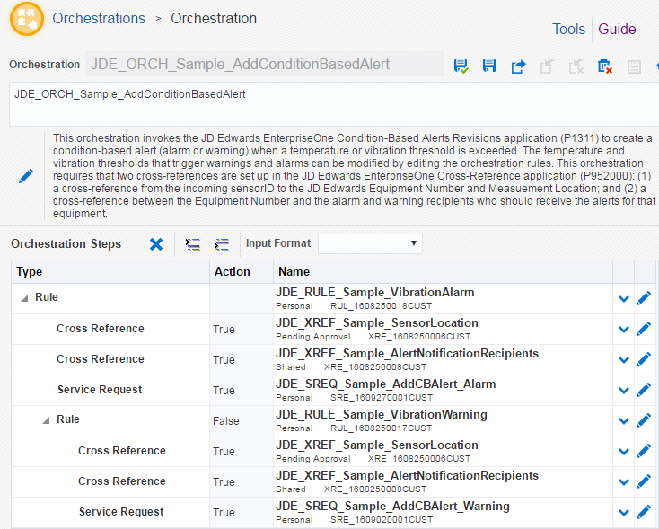 Steps in the AddConditionBased Alert Sample Orchestration in the Orchestrator Studio